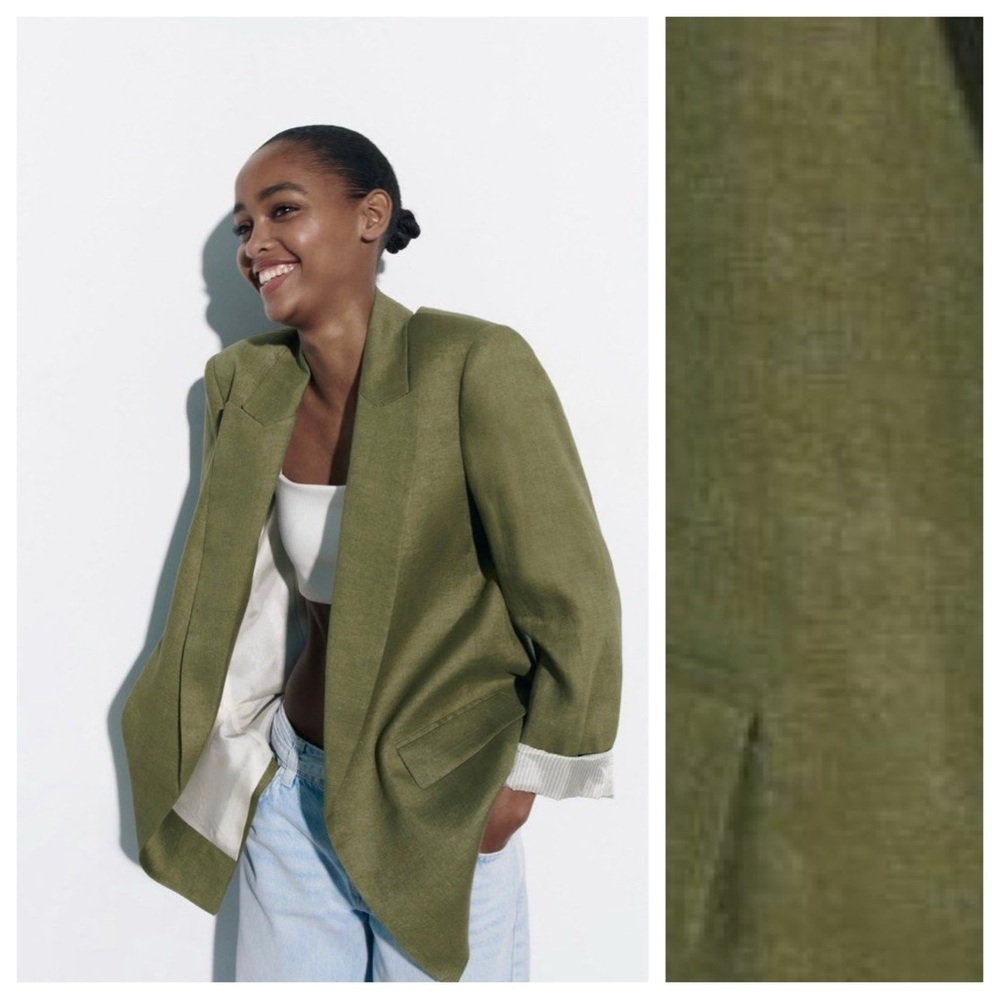 NWT. Zara Green 100% Linen Cuffed Open Front Blazer. Size XS.